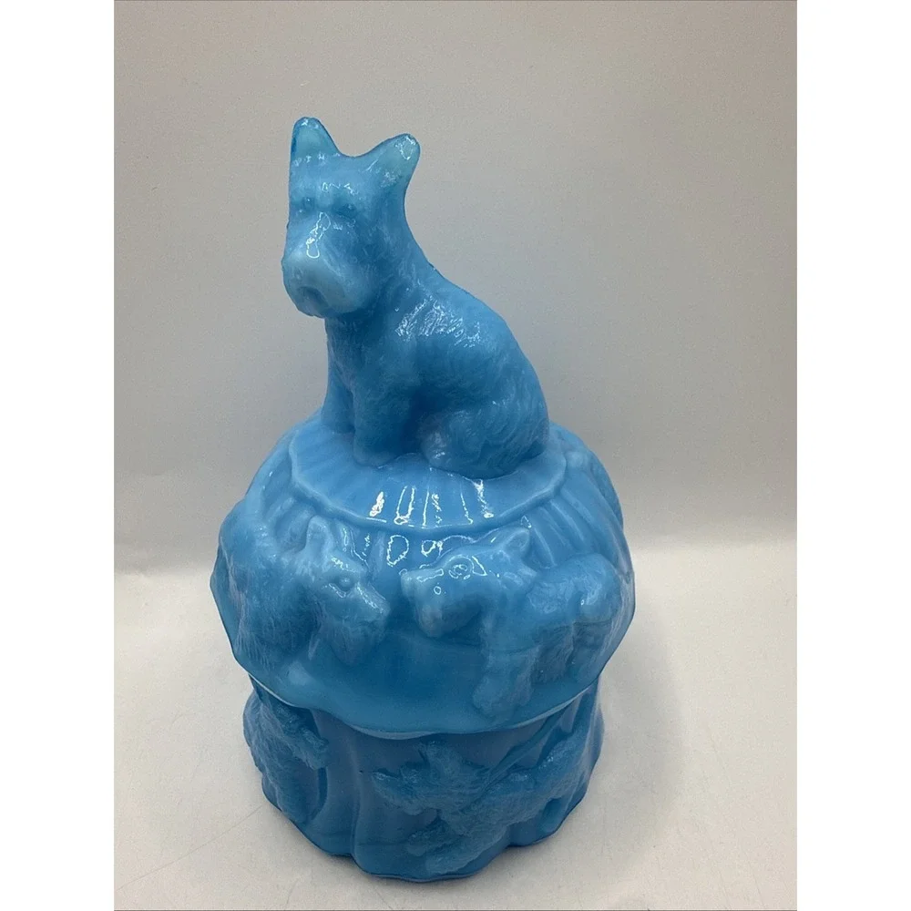 Vtg Akro Agate SCOTTISH TERRIER Trinket Box Luscious Blue Slag Glass EUC